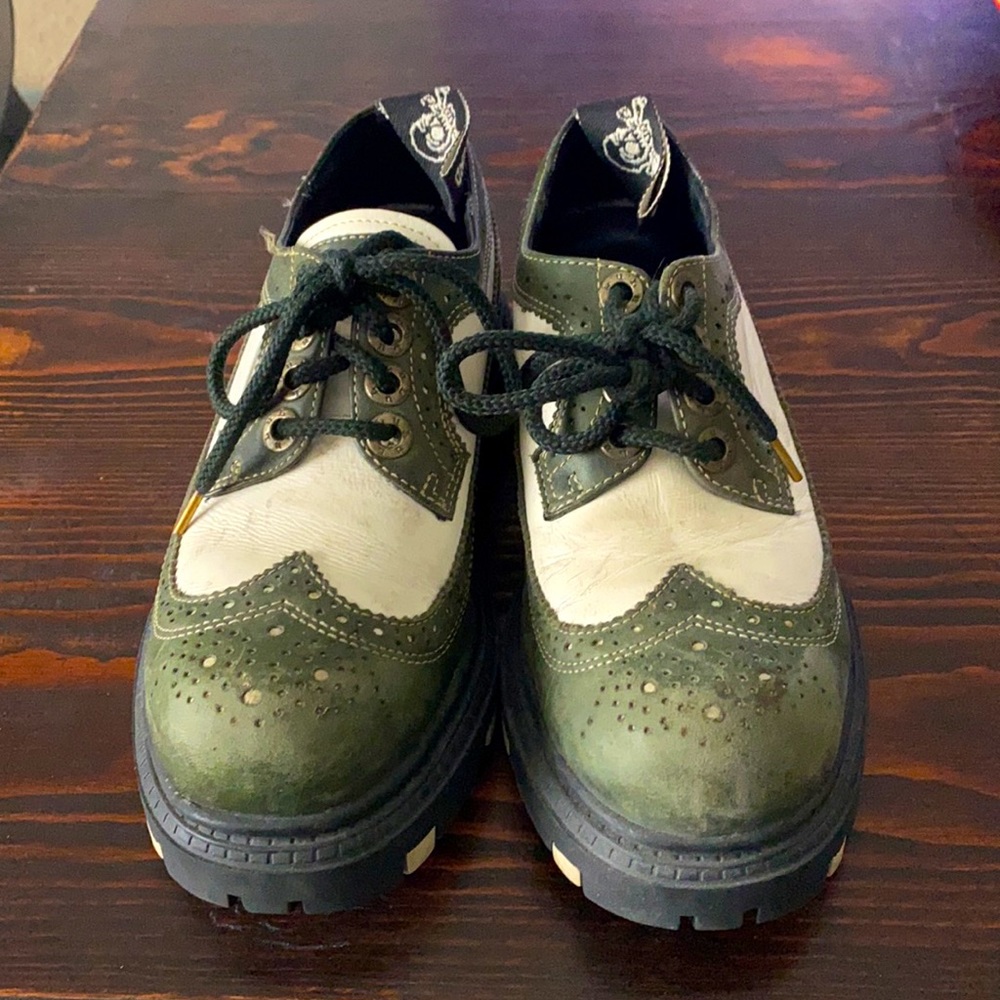 Green & white London Underground platform loafers